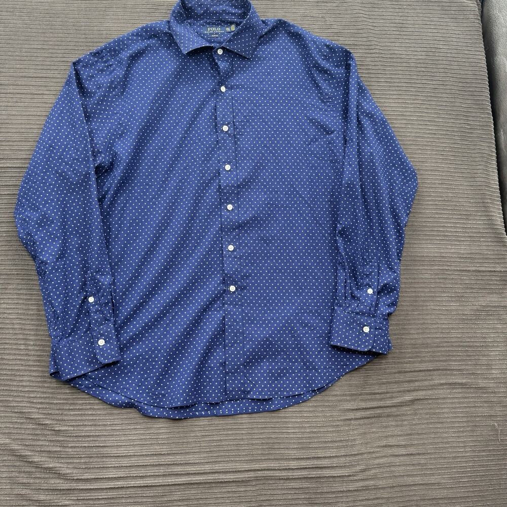 Ralph Lauren Shirt Men 2XL‎ Blue Polka Dot Cotton Slim Fit Long Sleeve Preppy.